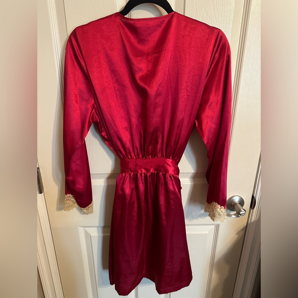 Morgan Taylor Satin Robe & Slip Set w Lace Trim, Red & Cream, Size S/M & M - Picture 2 of 9